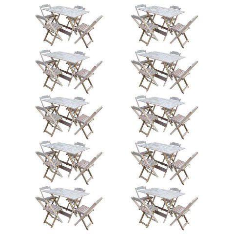 Kit 10 Conjuntos De Mesa Com 4 Cadeiras De Madeira Dobravel 120X70 Sem Pintura/Crua - Marrom