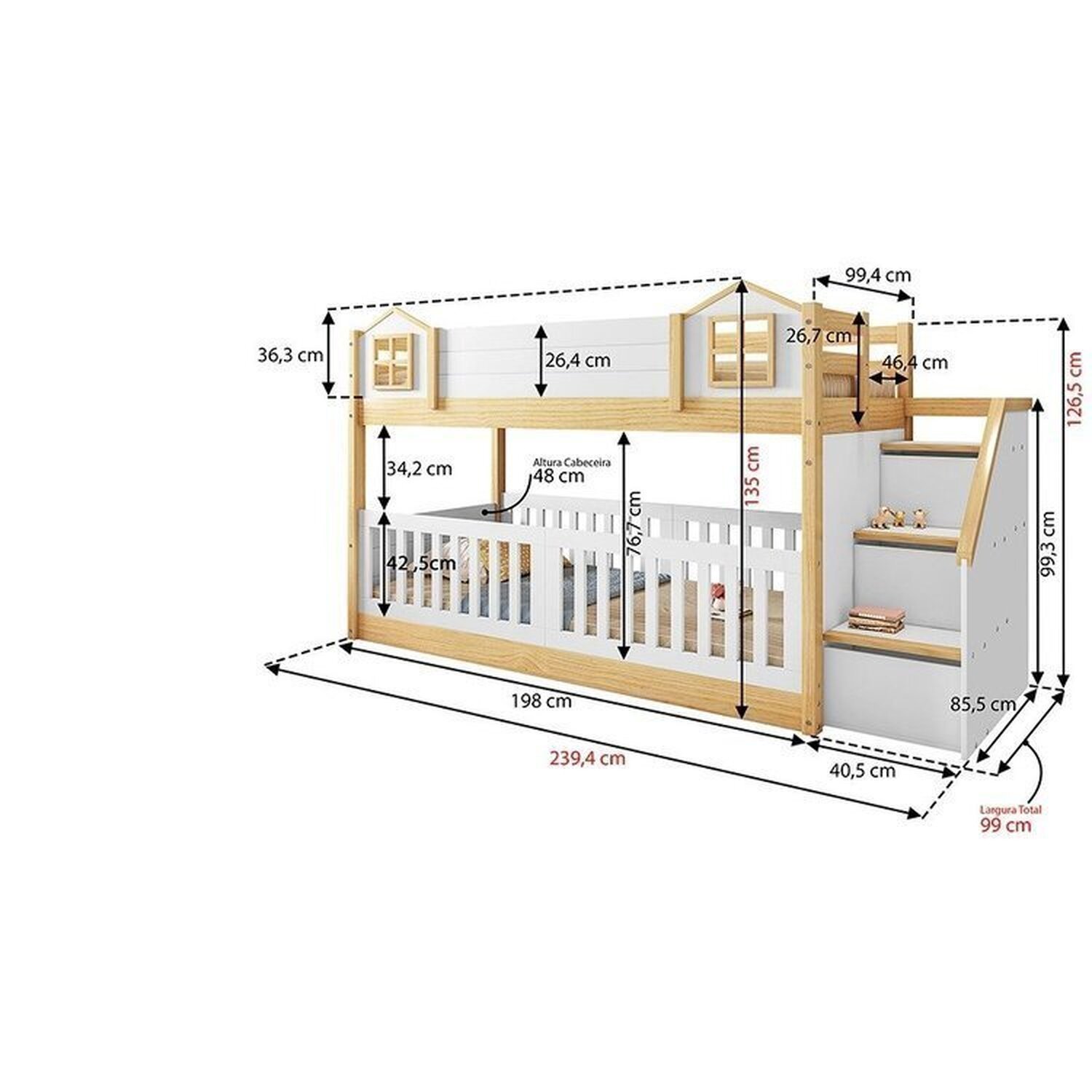  Beliche Infantil Montessoriana Garden com Escada Lateral e Proteção Casinha Grade com LED Casatema - 9