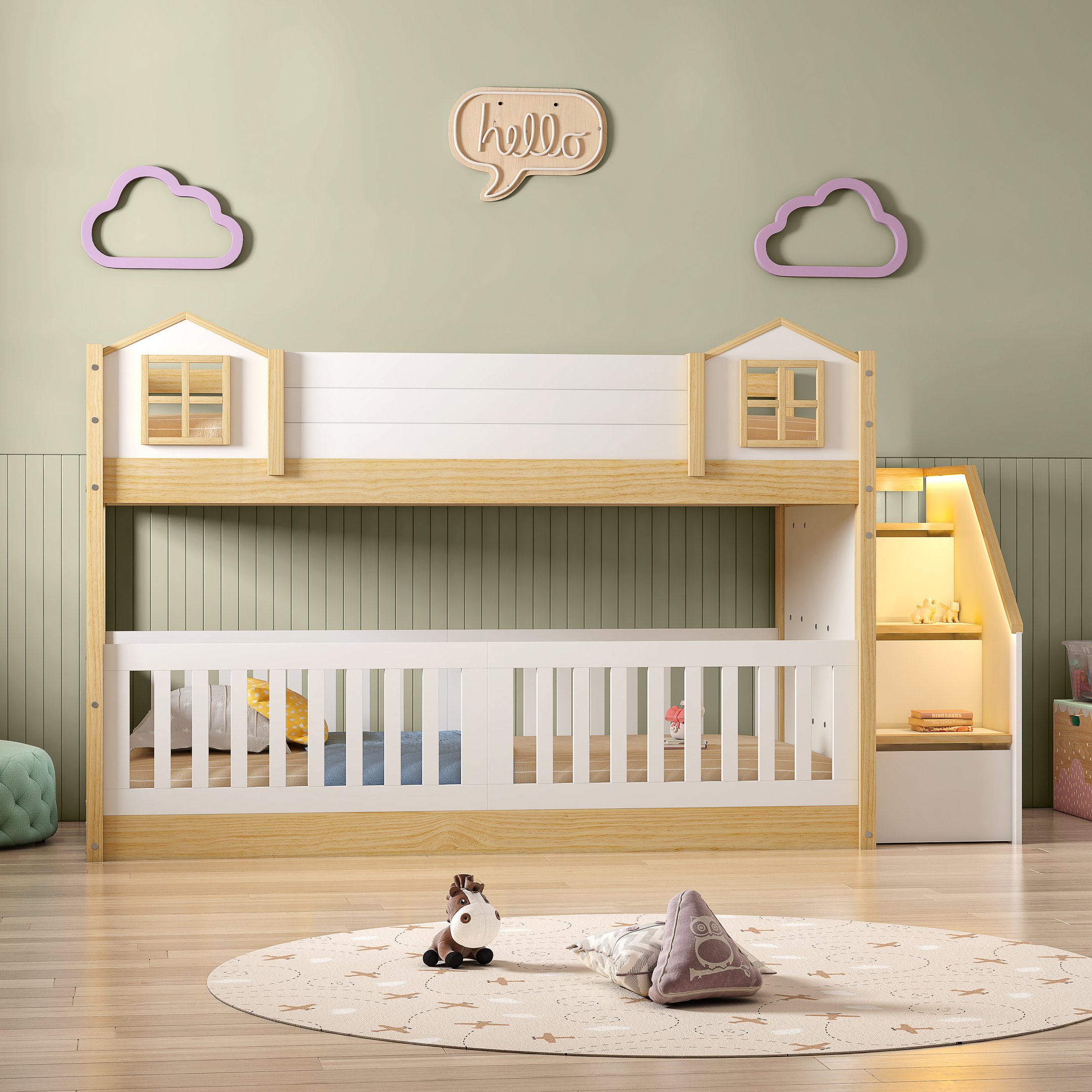  Beliche Infantil Montessoriana Garden com Escada Lateral e Proteção Casinha Grade com LED Casatema