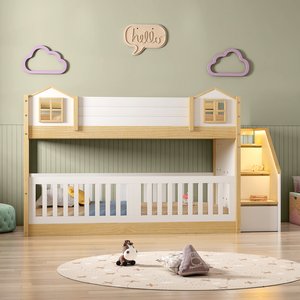  Beliche Infantil Montessoriana Garden com Escada Lateral e Proteção Casinha Grade com LED Casatema