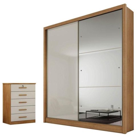 Guarda Roupa Solteiro Dante com Nicho e Espelho com Gaveteiro Suiça Cumaru 25 Fendi - Horizonte