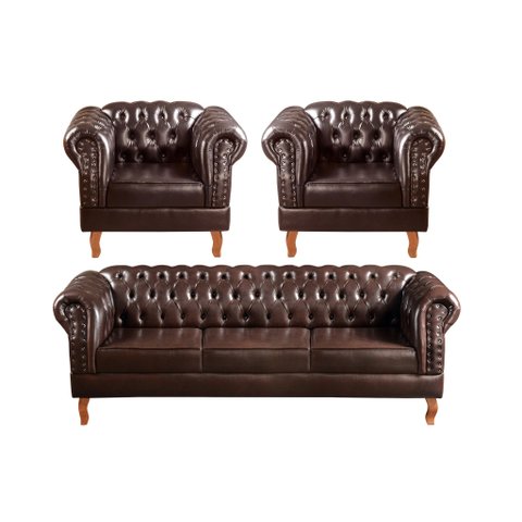 Conjunto Sofá Chesterfield 3 Lugares + 2 Poltronas Dom Pedro Marrom Café
