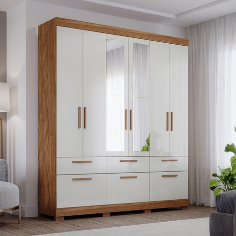 Guarda-Roupa Casal 192cm 7 Portas 5 Gavetas com Espelho 100% MDF Coimbra Espresso Móveis Off White/Cinamomo