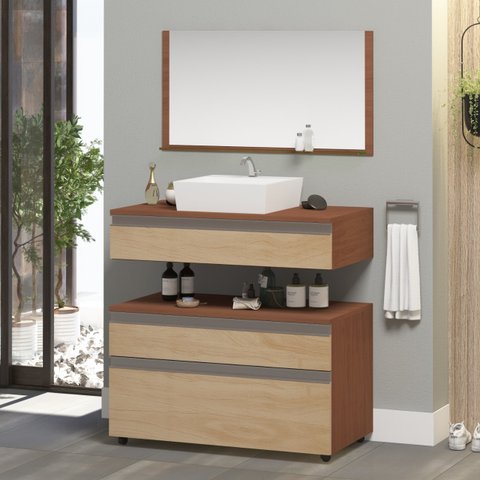 Conjunto Safira 60 Gabinete para Banheiro com Cuba e Espelheira