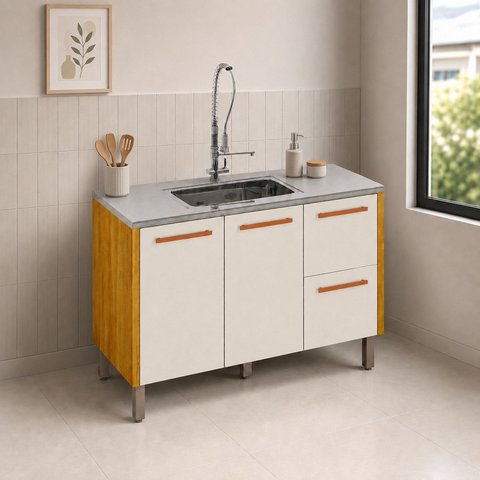 Balcão para Pia 120cm 100% MDF Linha Demi Espresso Móveis Bege/Cinamomo/Off White Acetinado