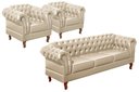 Ver imagem 1 de Kit 3 Peças com 1 Sofá 3 Lugares e 2 Poltronas Chesterfield Couro Sintético Retrô Dom Pedro Bege