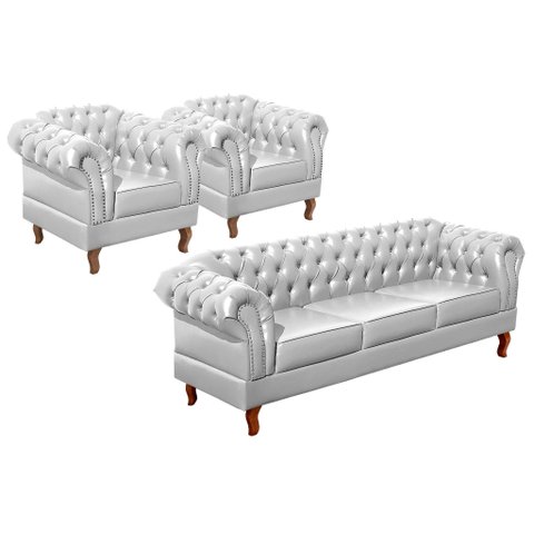 Conjunto Sofá Chesterfield 3 Lugares + 2 Poltronas Dom Pedro Branco