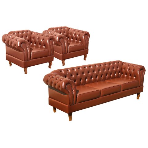 Conjunto Sofá Chesterfield 3 Lugares + 2 Poltronas Dom Pedro Marrom Caramelo