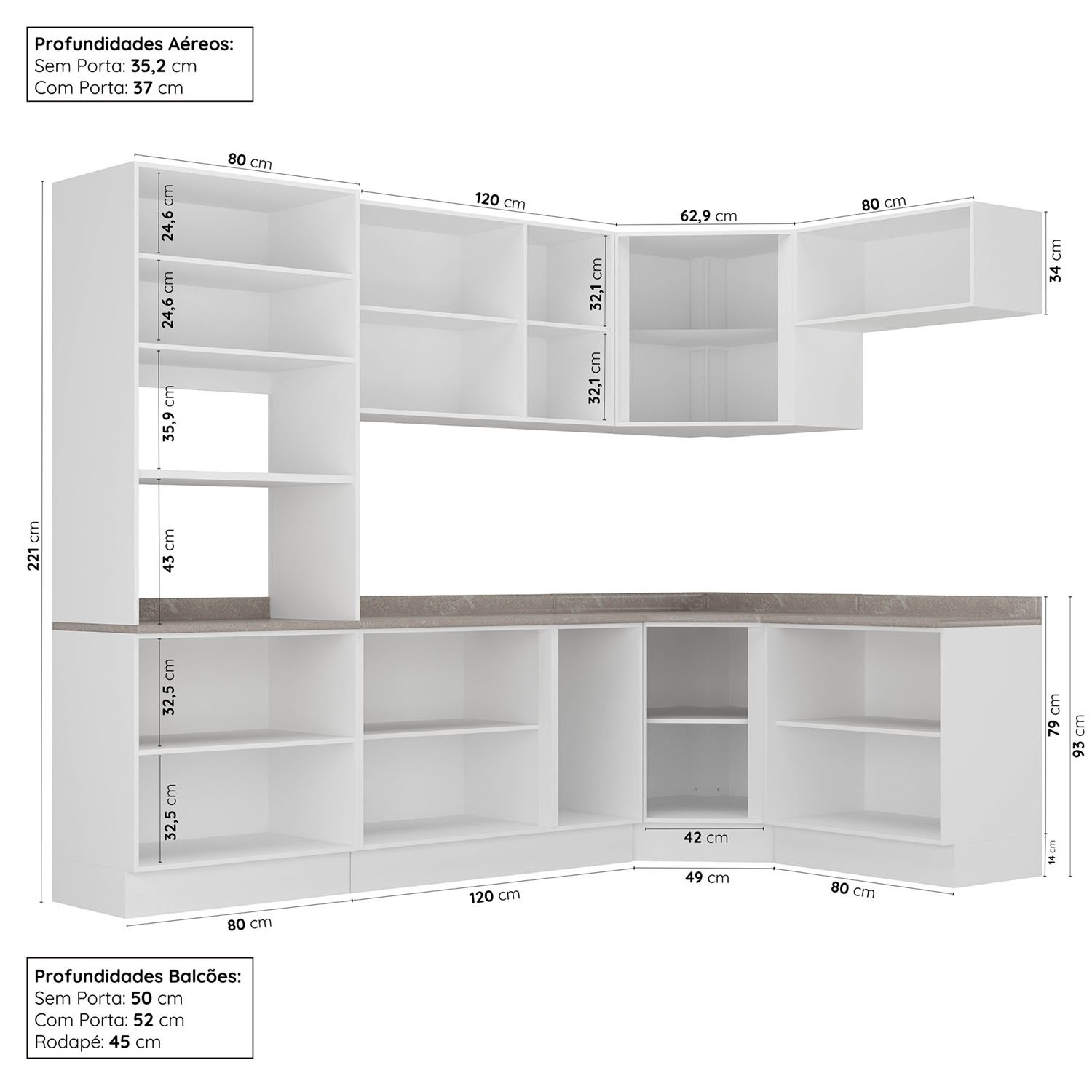 Cozinha Modulada 7 Peças com Tampo 1 Torre 3 Aéreos 3 Balcões Arizona Cabecasa Madeiramadeira - 3