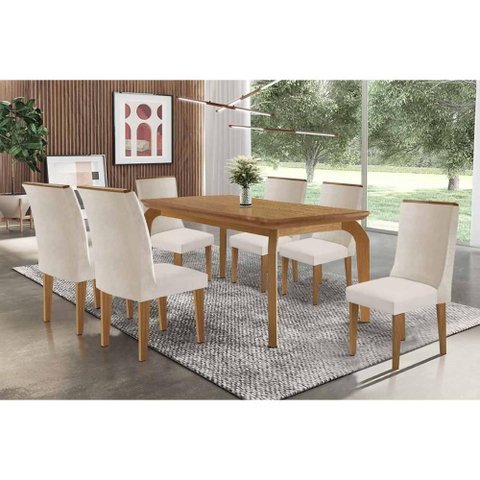 Sala Jantar Mesa Londrina Tampo Curvo 180cm+6 Cadeiras Dakota Madeira Naturale - Capuccino/suede