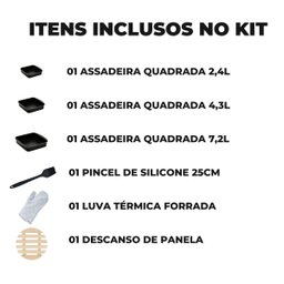 Jogo de Assadeira Quadrada 03 Peças Antiaderentes + Luva Térmica + Pincel Preto + Descanso de Panela - 2