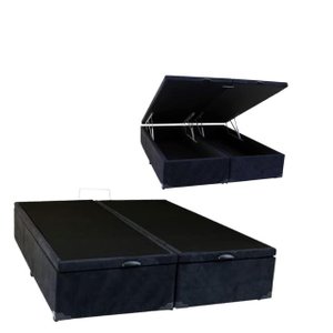 Cama Báu Box Base King Bipartido Suede Preto Blindado com Pistão a Gás.