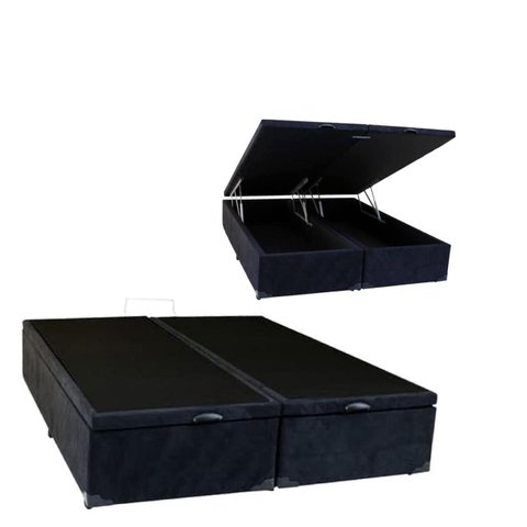 Cama Báu Box Base King Bipartido Suede Preto Blindado com Pistão a Gás.