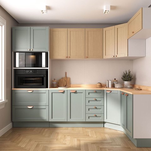 Cozinha Modulada 7 Peças com Tampo 1 Torre 3 Aéreos 3 Balcões Arizona CabeCasa MadeiraOriginals Verde/Figueira/Menta