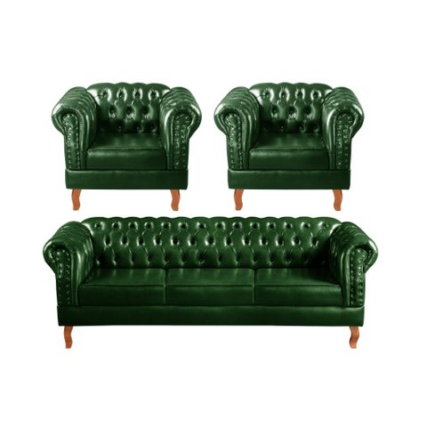 Conjunto Sofá Chesterfield 3 Lugares + 2 Poltronas Dom Pedro Verde