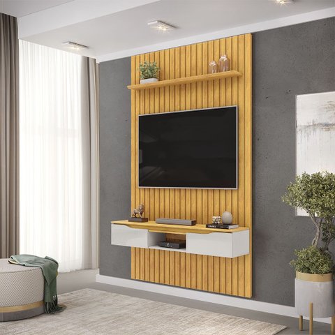 Painel Suspenso Ripado Seko Tv 55" Portas Basculantes Borda Chanfrada Cedro/bali G18 - Gran Belo