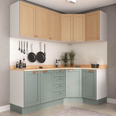 Cozinha Modulada 6 Peças com Tampo 3 Aéreos e 3 Balcões Arizona CabeCasa MadeiraOriginals Marrom/Figueira/Menta