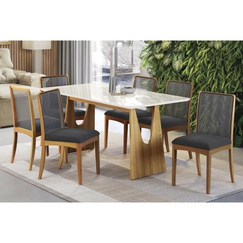 Mesa Cozinha Mila Premium Madeira Maciça C/ Tampo Madeirado C/ Vidro 180x90cm e 6 Cadeiras Lara