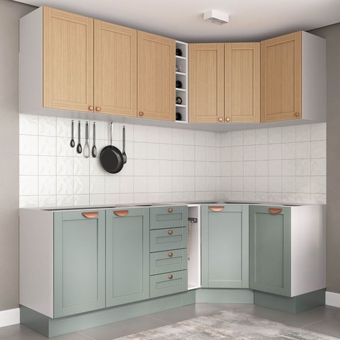 Cozinha Modulada 8 Peças sem Tampo 4 Aéreos e 4 Balcões Arizona CabeCasa MadeiraOriginals Marrom/Figueira/Menta