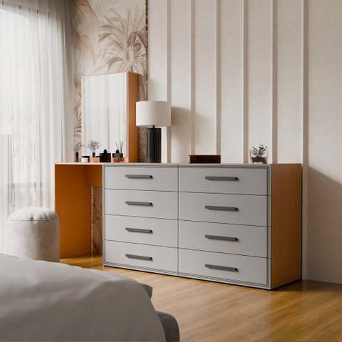 Cômoda Dublin 8 Gavetas com Espelho Cinza/Freijó - Panorama Móveis