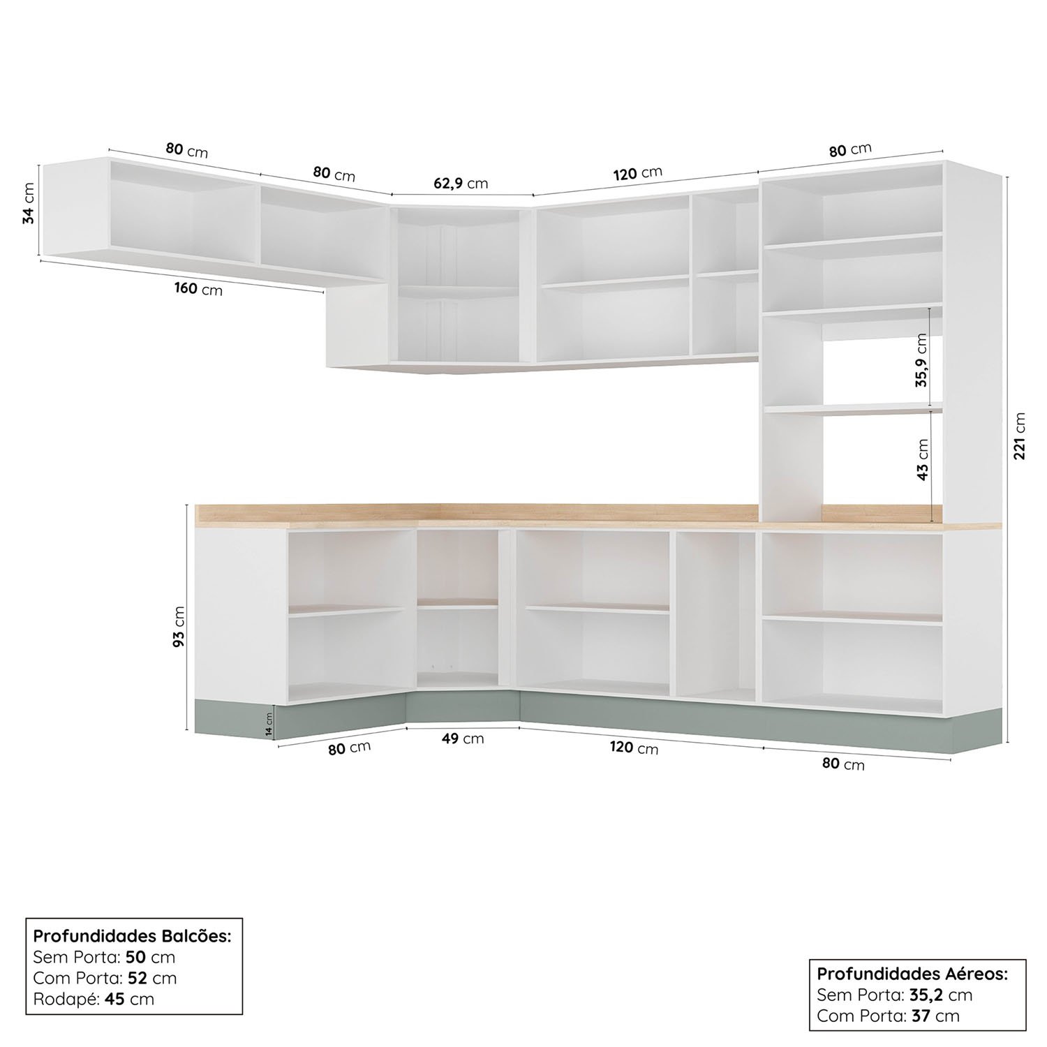 Cozinha Modulada 8 Peças com Tampo 1 Torre 4 Aéreos 3 Balcões Arizona Cabecasa Madeiramadeira - 3