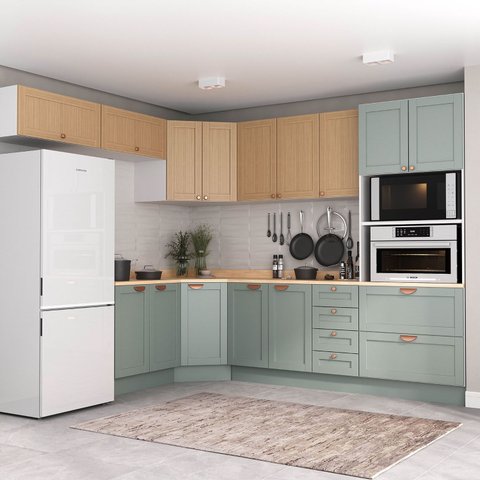Cozinha Modulada 8 Peças com Tampo 1 Torre 4 Aéreos 3 Balcões Arizona CabeCasa MadeiraOriginals Verde/Figueira/Menta