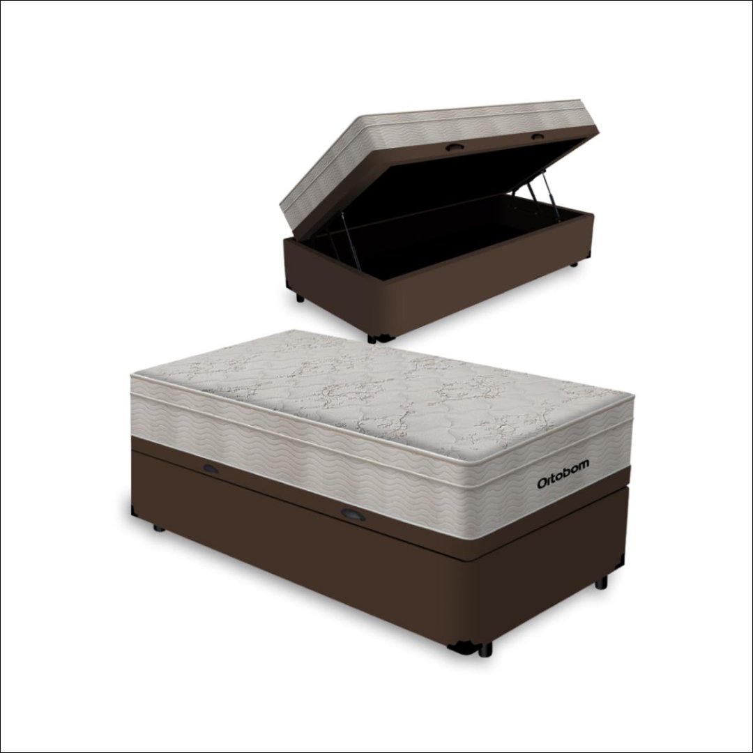 Cama Box Baú Solteiro King + Colchão de Molas Ensacadas Ortobom Airtech 96cm Suporta até 150 Kg