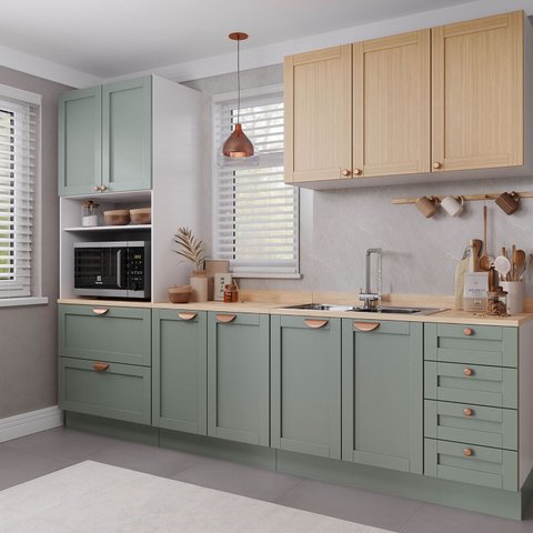 Cozinha Modulada 4 Peças com Tampo 1 Torre 1 Aéreo 2 Balcões Arizona CabeCasa MadeiraOriginals Verde/Figueira/Menta