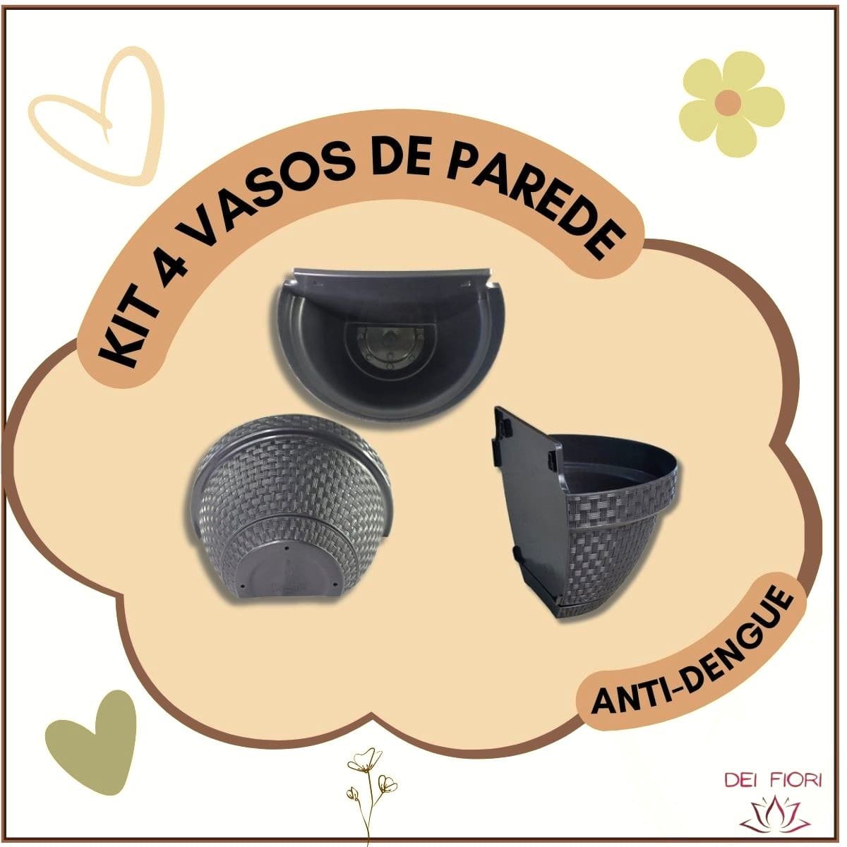 Kit 4 Vasos Parede Meia Lua Herbario Flores Anti-dengue Plantas Suculentas 3l Ervas Aromaticas Preto - 6