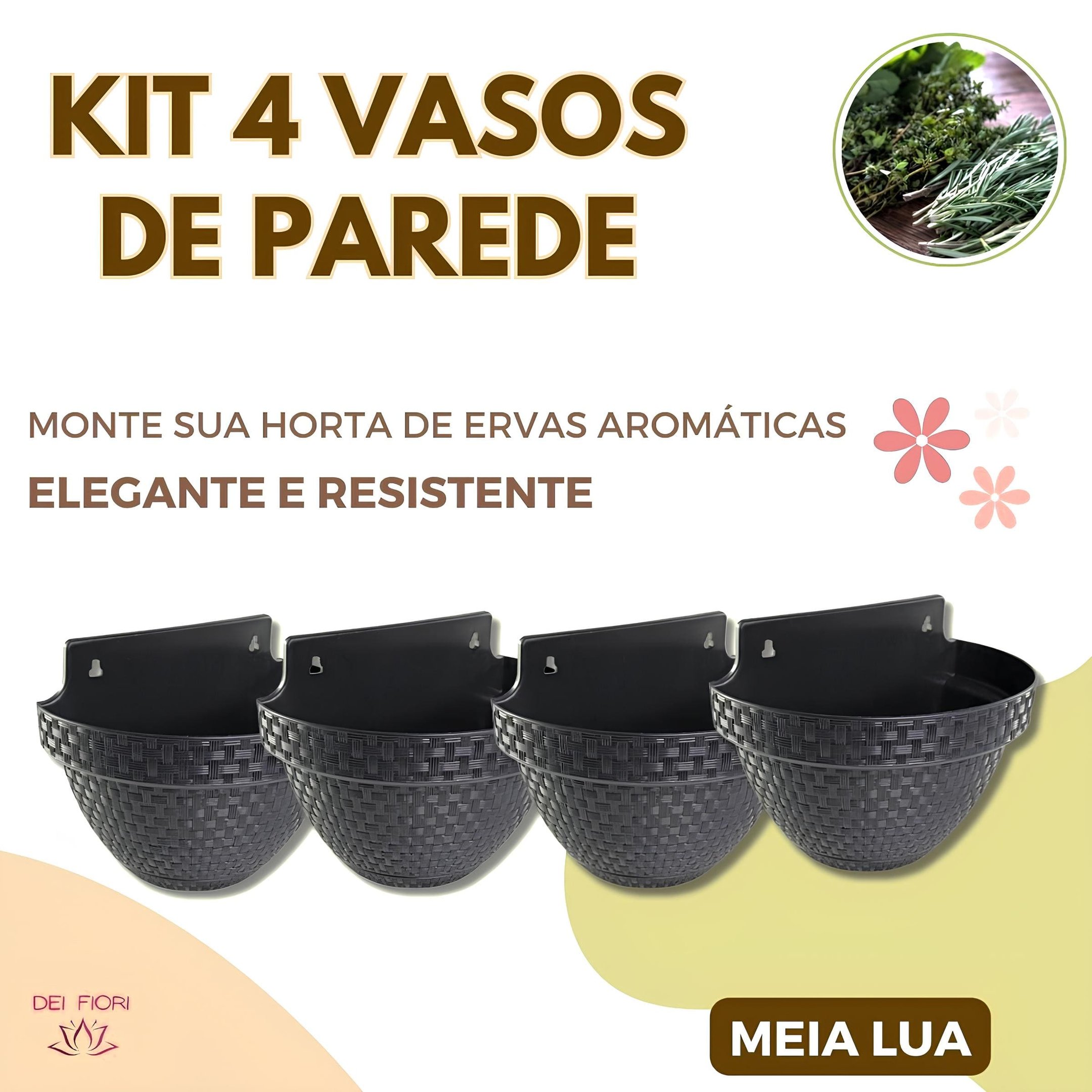 Kit 4 Vasos Parede Meia Lua Herbario Flores Anti-dengue Plantas Suculentas 3l Ervas Aromaticas Preto - 2