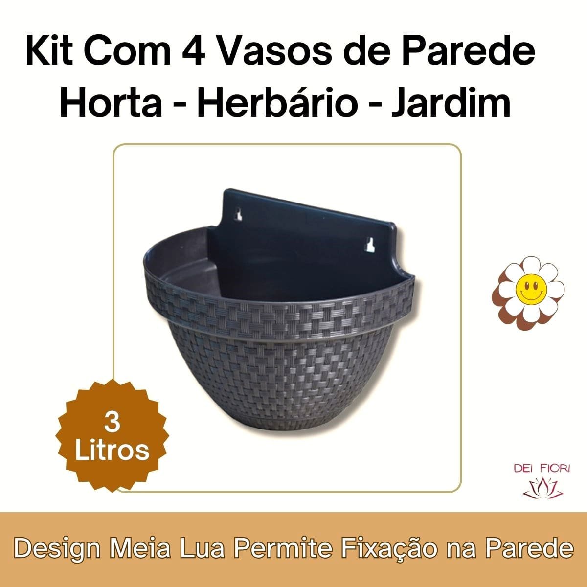 Kit 4 Vasos Parede Meia Lua Herbario Flores Anti-dengue Plantas Suculentas 3l Ervas Aromaticas Preto - 7