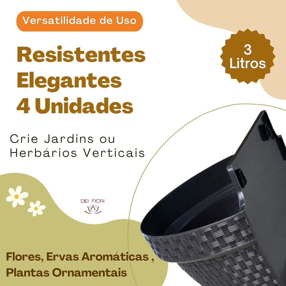 Kit 4 Vasos Parede Meia Lua Herbario Flores Anti-dengue Plantas Suculentas 3l Ervas Aromaticas Preto - 3