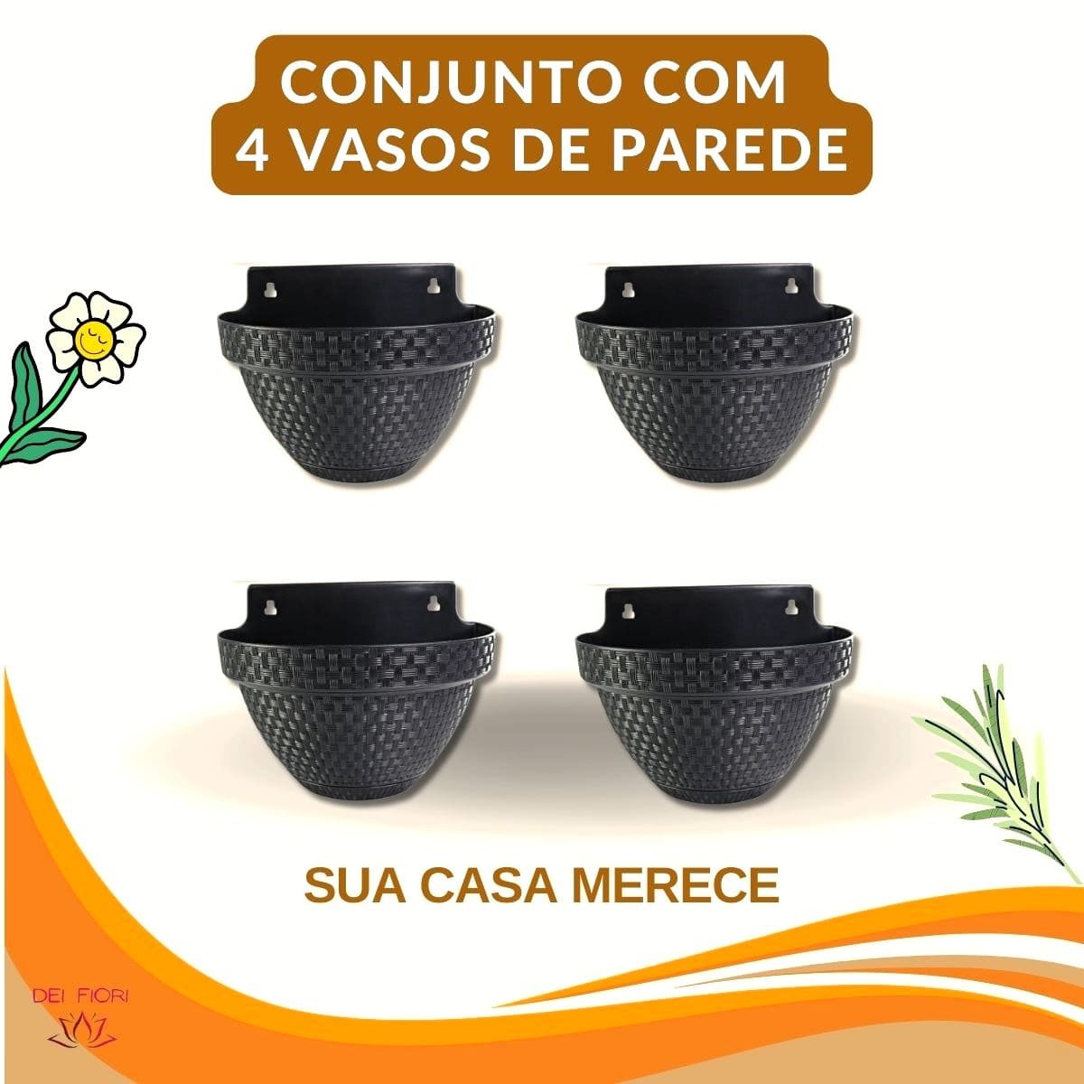 Kit 4 Vasos Parede Meia Lua Herbario Flores Anti-dengue Plantas Suculentas 3l Ervas Aromaticas Preto - 8