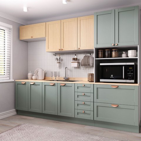 Cozinha Modulada 5 Peças com Tampo 1 Torre 2 Aéreos 2 Balcões Arizona CabeCasa MadeiraOriginals Verde/Figueira/Menta