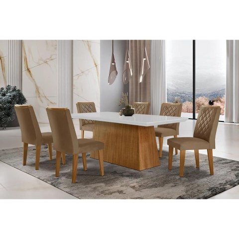 Sala de Jantar Completa Luna C- Tampo de Vidro Canto Curvo 180x90cm e 6 Cadeiras Jade Imbuia-off