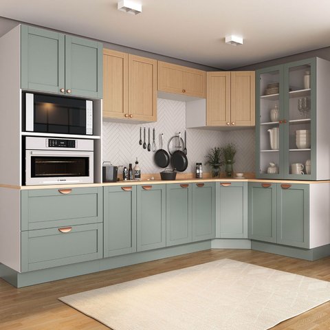 Cozinha Modulada 9 Peças com Tampo 1 Torre 4 Aéreos 4 Balcões Arizona CabeCasa MadeiraOriginals Verde/Figueira/Menta