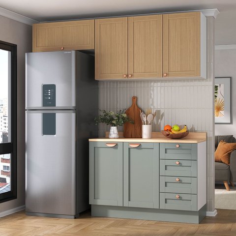 Cozinha Modulada 3 Peças com Tampo 2 Aéreos 1 Balcão Arizona CabeCasa MadeiraOriginals Marrom/Figueira/Menta