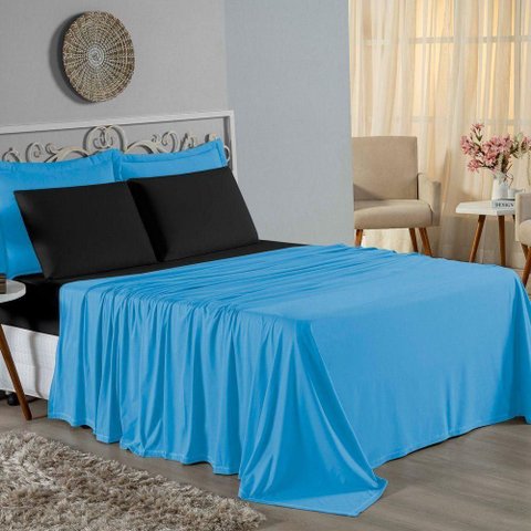 Jogo de Cama Casal Viúva Nobre 4 Peças Malha 100% Algodão - Turquesa / Preto