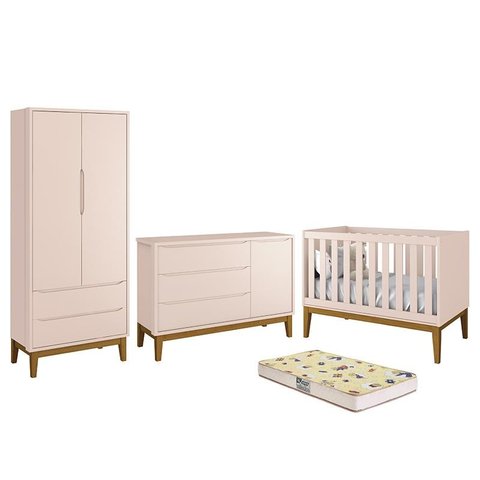 Dormitório Infantil Classic 2 Portas, Cômoda 1 Porta, Berço Rosa com Pés Amadeirado e Colchão D18 - 