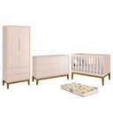 Ver imagem 1 de Dormitório Infantil Classic 2 Portas, Cômoda 1 Porta, Berço Rosa com Pés Amadeirado e Colchão D18 - 