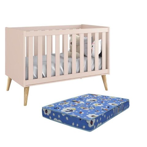 Berço Americano Theo Pés Madeira Natural Rosa Fosco com Colchão D18 - Reller Móveis Rosa Fosco