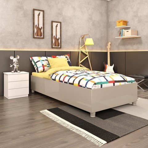 Cama Box Solteiro Mônaco e Mesa de Cabeceira Veronna Branco/Neve/Off White