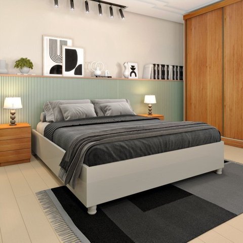 Cama Box Casal Mônaco e Mesa de Cabeceira Veronna Branco/Off White/Neve