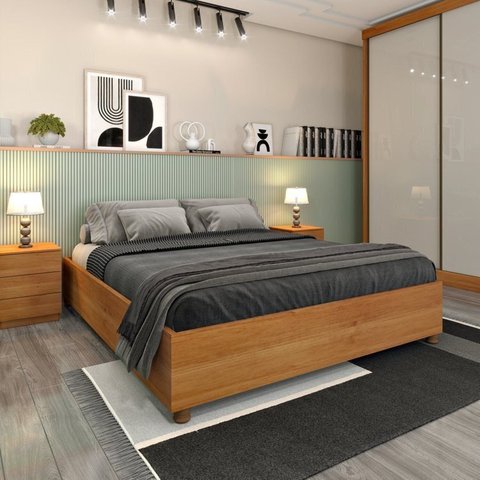 Cama Box Casal Mônaco e Mesa de Cabeceira Veronna Bege/Cinamomo