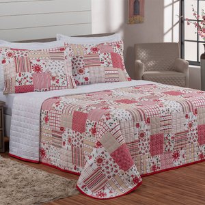 Cobre Leito Casal King Fascinio 03 Peças - Patchwork Vermelho