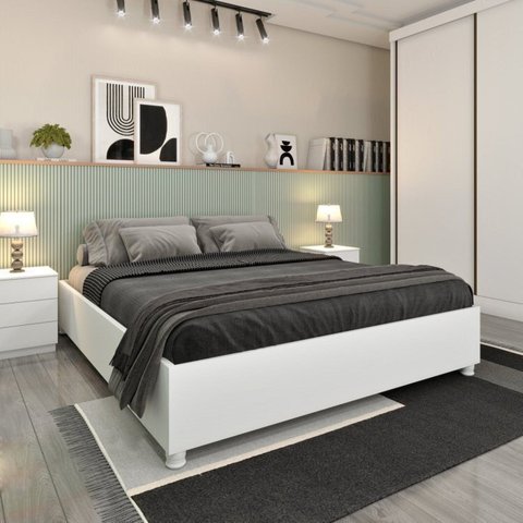 Cama Box Casal Queen Mônaco e Mesa de Cabeceira Veronna Branco/Neve