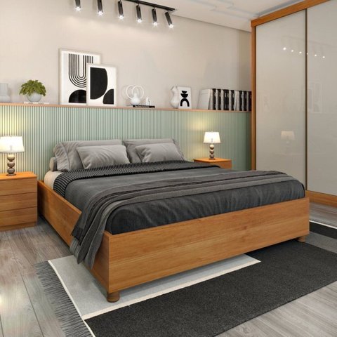 Cama Box Casal Queen Mônaco e Mesa de Cabeceira Veronna Bege/Cinamomo