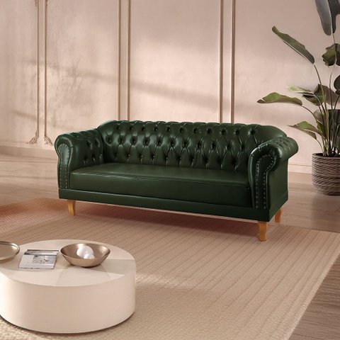 Sofá Chesterfield Clássico 3 Lugares Couro Sintético Verde Duque 200cm Yescasa