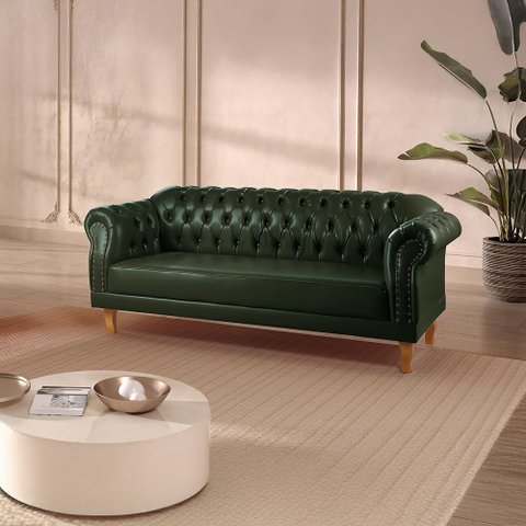 Sofá Chesterfield Clássico 3 Lugares Couro Sintético Verde Duque 200cm Yescasa