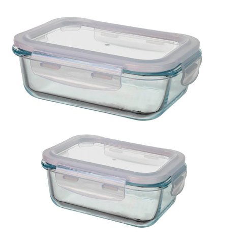 Jogo 2 Potes de Vidro 350ml/620ml Tampa Hermética Marmita Forno Freezer